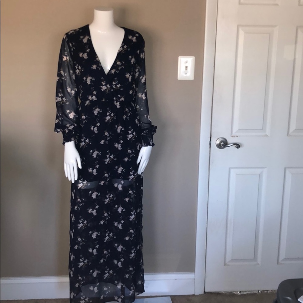 Blue flower print maxi with sheer sleeves